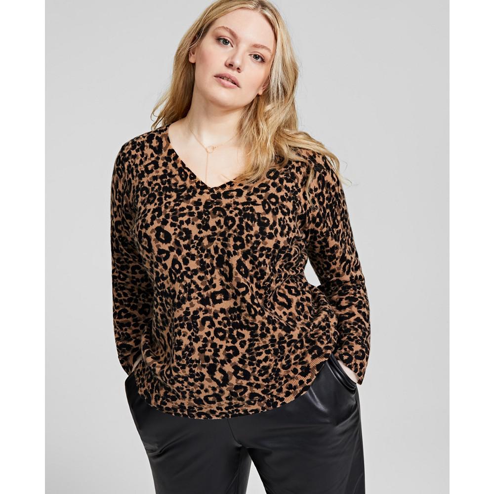 Plus Size 100% Cashmere Cheetah-Print V-Neck Sweater, Created for Macy's商品第3张图片规格展示