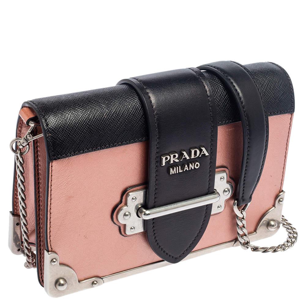 Prada Metallic Pink/Black Leather Cahier Shoulder Bag商品第3张图片规格展示