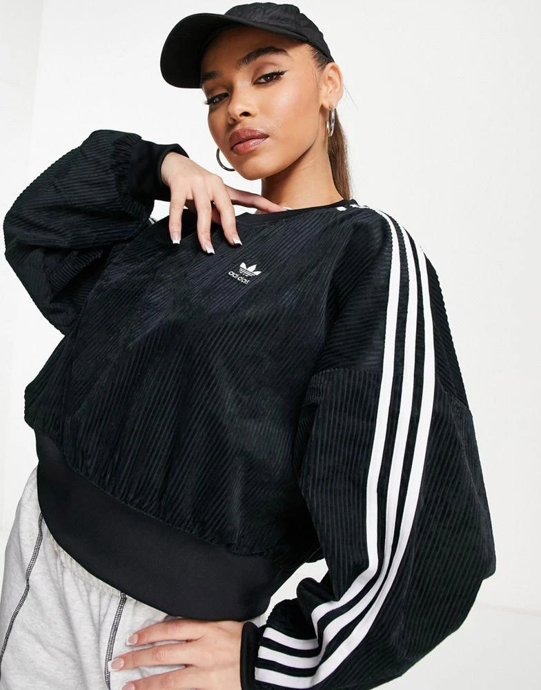 商品Adidas|adidas Originals three stripe corduroy sweatshirt in black,价格¥269,第1张图片