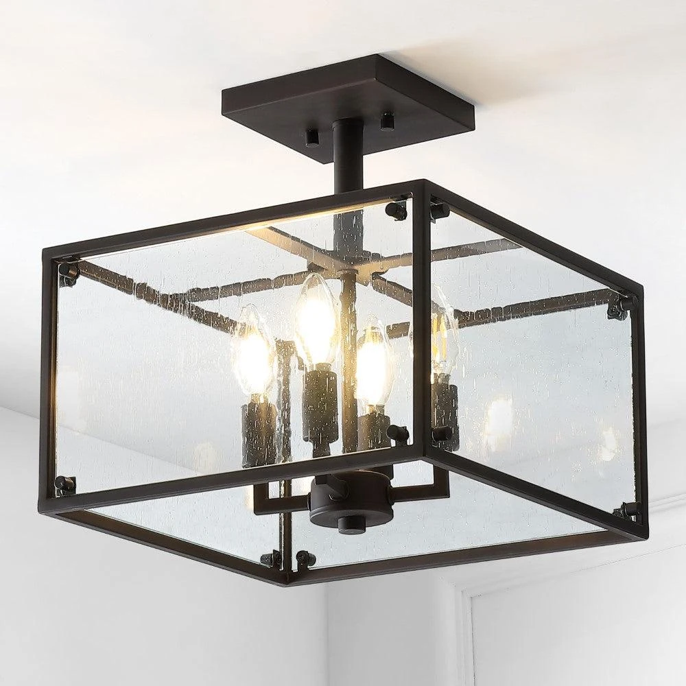 商品JONATHAN Y|Paysan 13" 4-Light Iron/Seeded Glass Rustic Farmhouse LED Flush Mount,价格¥1169,第3张图片详细描述