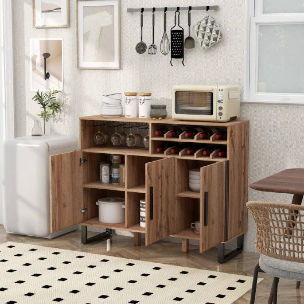 商品Hivvago|Home Wine Bar Cabinet with 3 Doors and Adjustable Shelves-Brown,价格¥1444,第2张图片详细描述