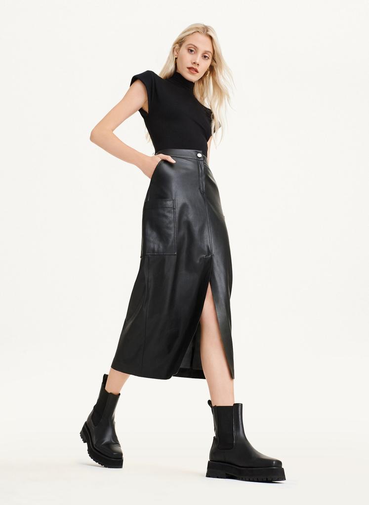 Faux Leather Midi Skirt With Cargo Pockets商品第4张图片规格展示