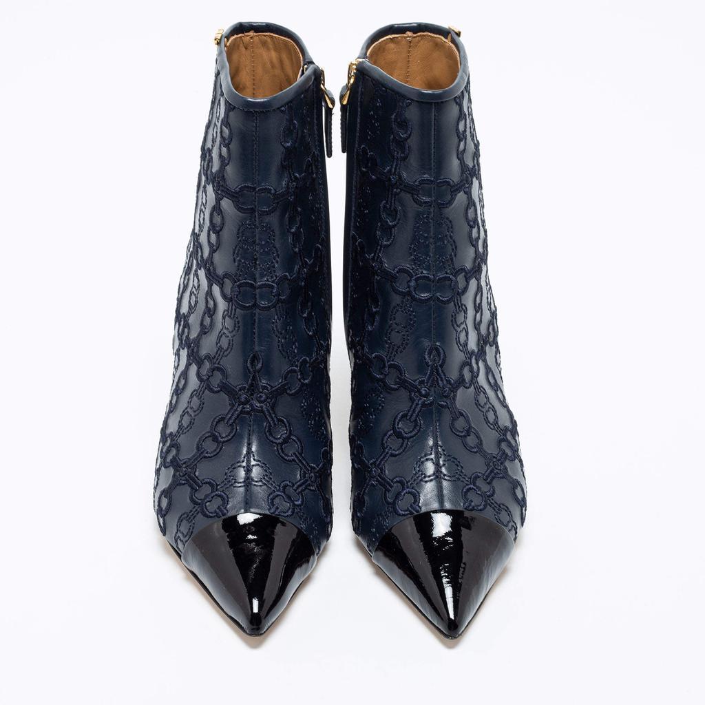 商品Tory Burch|Tory Burch Navy Blue/Black Leather Penelope Embroidered Link Pointed Toe Ankle Boots Size 36,价格¥1573,第5张图片详细描述