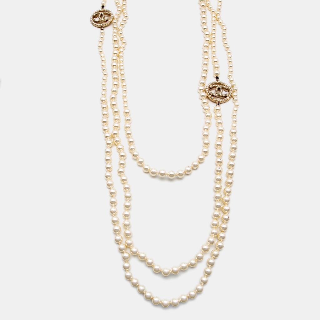 商品[二手商品] Chanel|Chanel CC Faux Pearl Gold Tone Necklace,价格¥11720,第1张图片