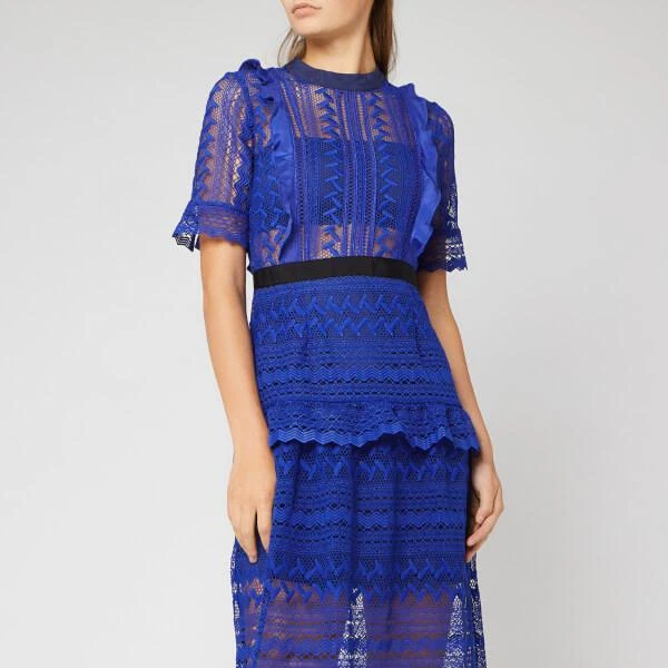 商品Self Portrait|Self-Portrait Women's Short Sleeve Geometric Lace Midi Dress - Cobalt Blue,价格¥1265,第3张图片详细描述