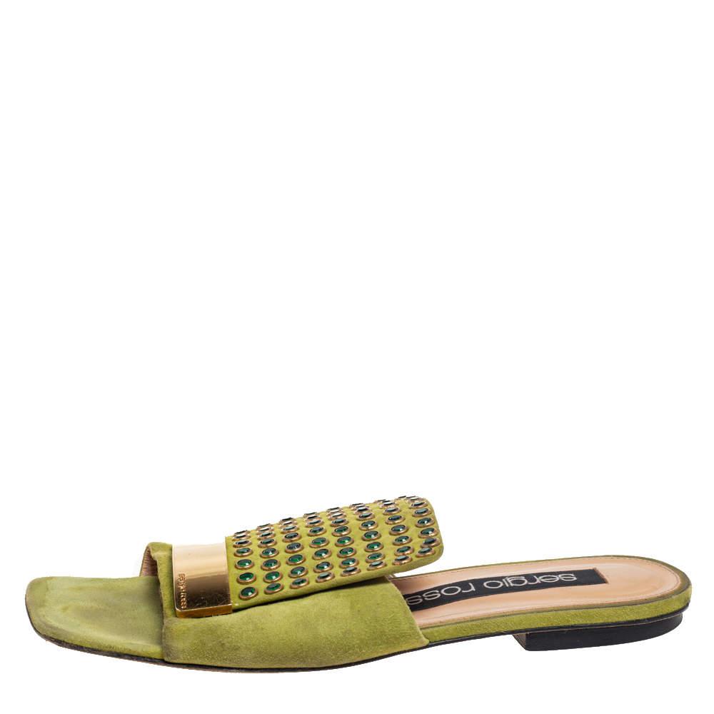 Sergio Rossi Green Suede Studded Flat Slides Size 36.5商品第2张图片规格展示