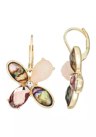 Gold Tone Pink Abalone Flower Drop Lever Back Earrings商品第1张图片规格展示