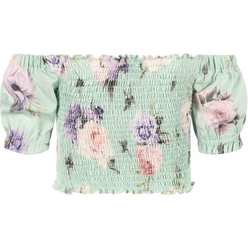 Roses print ruched cold shoulders top in green商品第2张图片规格展示