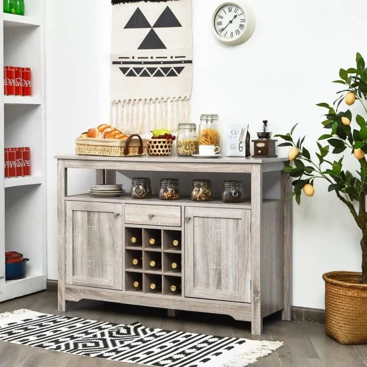 商品QuikFurn|Grey Wood Sideboard Buffet Server Cabinet with Wine Rack and Storage Shelf,价格¥2219,第3张图片详细描述