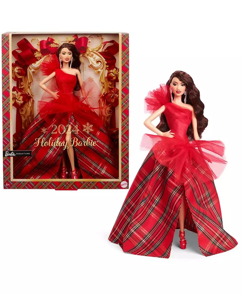 商品Barbie|Signature 2024 Holiday Barbie Fashion Doll, Seasonal Collector Gift, Dark Brown Hair with Plaid Gown,价格¥235,第1张图片