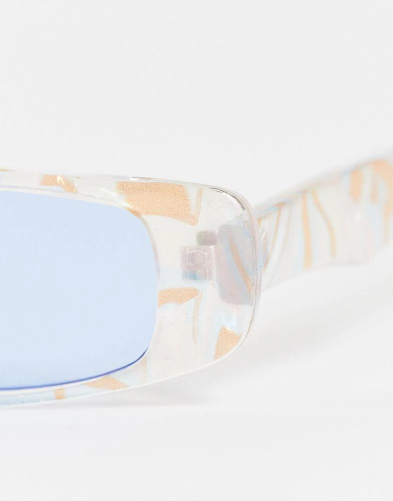 商品ASOS|ASOS DESIGN slim rectangle sunglasses with blue lens in pastel marble effect - MULTI,价格¥63,第4张图片详细描述