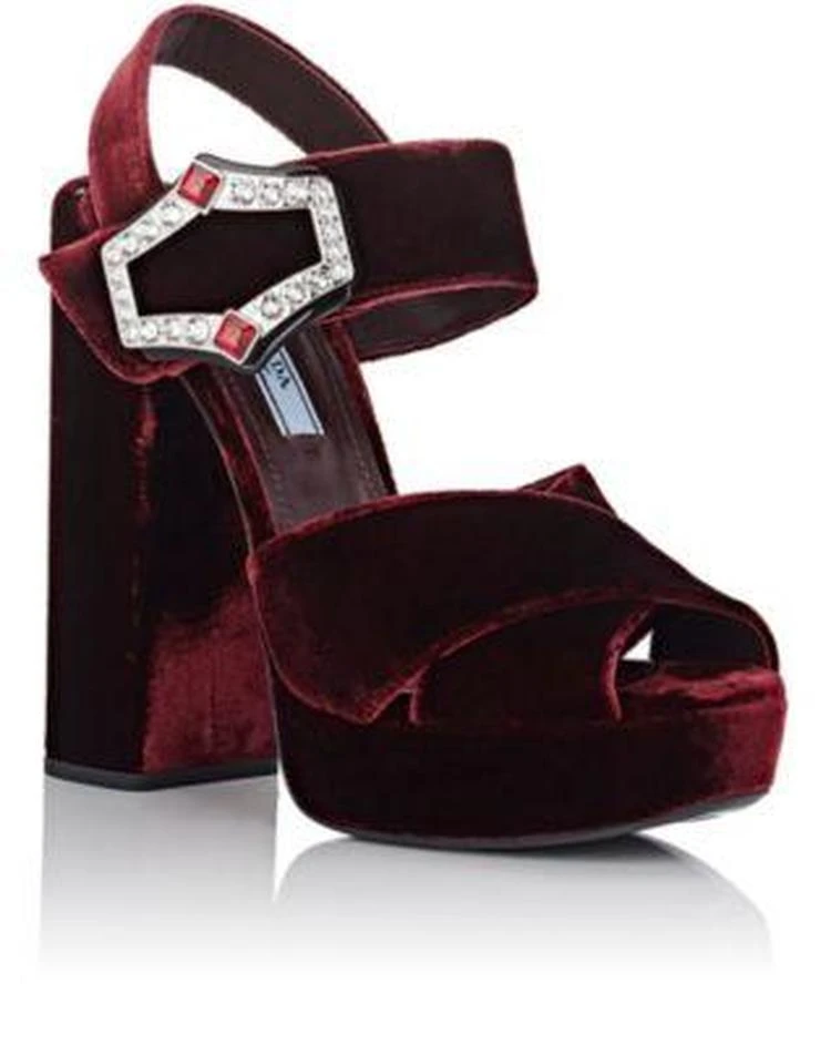 商品Prada|Jeweled-Buckle Velvet Platform Sandals,价格¥2967,第2张图片详细描述