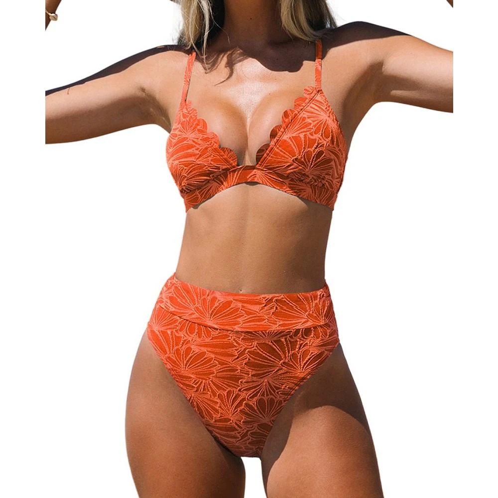 Women's Bikini Set Scalloped Cross Back High Waisted Bathing Suit Swimsuit 商品