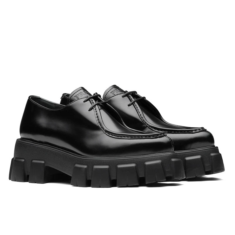 商品Prada|【预售3-7天】普拉达 21年秋冬 Monolith系列 女士�黑色亮面皮革尖头系带乐福鞋1E719M_055_F0002_F_055,价格¥7830,第6张图片详细描述