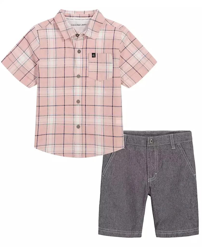 商品Calvin Klein|Little Boys Plaid Slub Button-Up Short Sleeve Shirt and Twill Shorts, 2 Piece Set,价格¥113,第1张图片