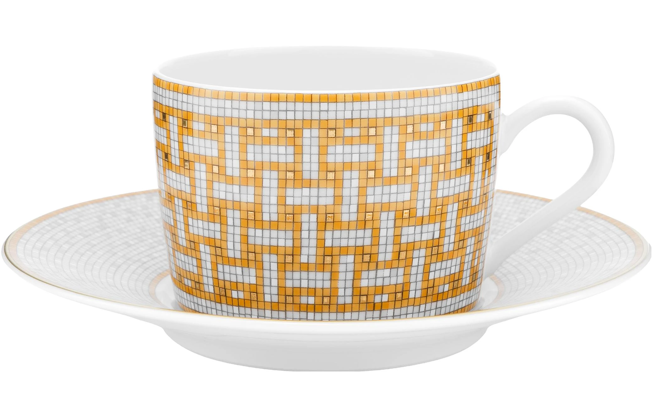 商品[国内直发] Hermes|爱马仕 “24金色马赛克”实用茶杯与杯碟X2 陶瓷  咖啡杯 礼盒套装马克杯 160ml 黄色,价格¥3581,第1张图片