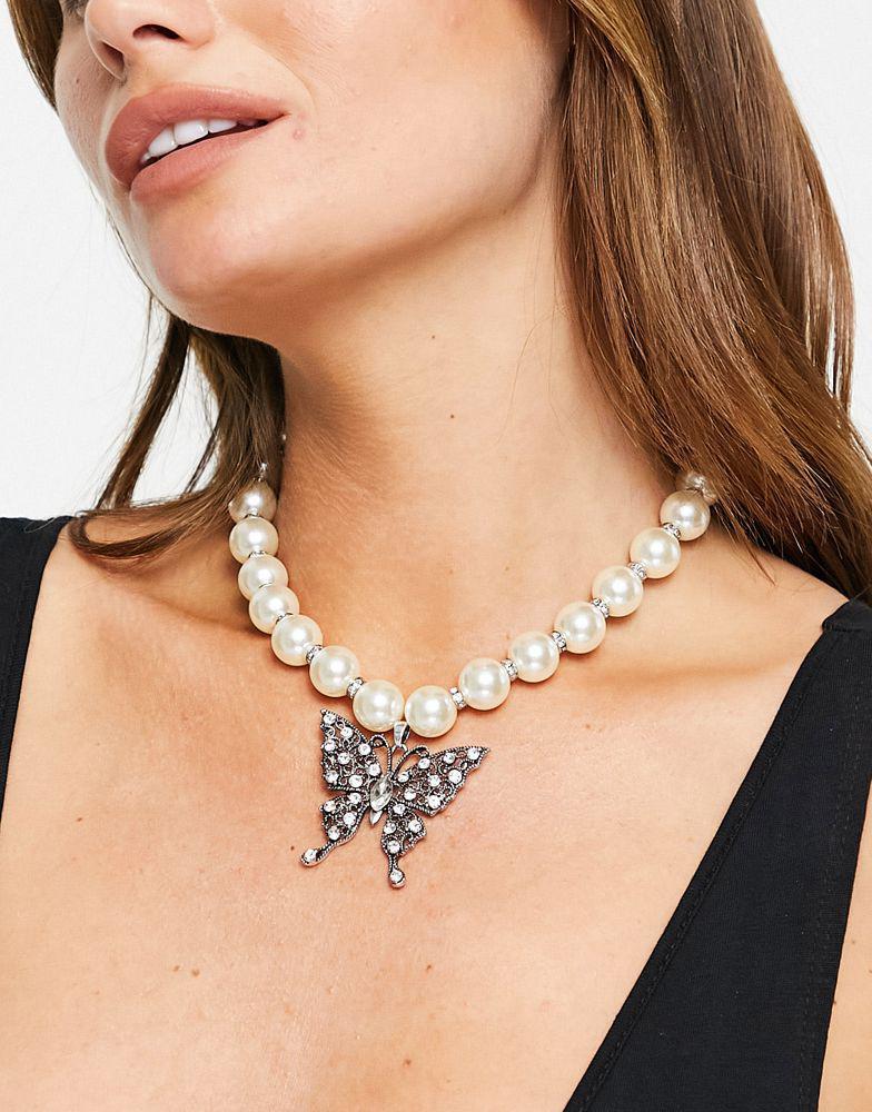 商品ASOS|ASOS DESIGN necklace with faux pearl and butterfly in silver tone,价格¥68,第4张图片详细描述