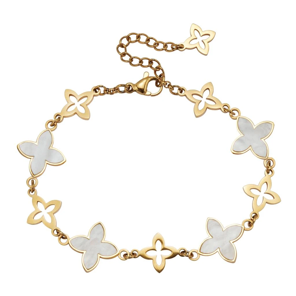 商品Palm Beach Jewelry|Mother of Pearl Yellow Gold Ion-Plated Stainless Steel Clover Bracelet 7-inch,价格¥274,第1张图片