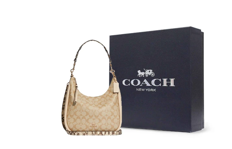 商品[国内直发] Coach|蔻驰 Jules 29 Hobo蛇纹肩带拉链经典老花标志性徽标印花 帆布配皮 腋下包手提包单肩包斜挎包 大号 女款 卡其色,价格¥2999,第5张图片详细描述