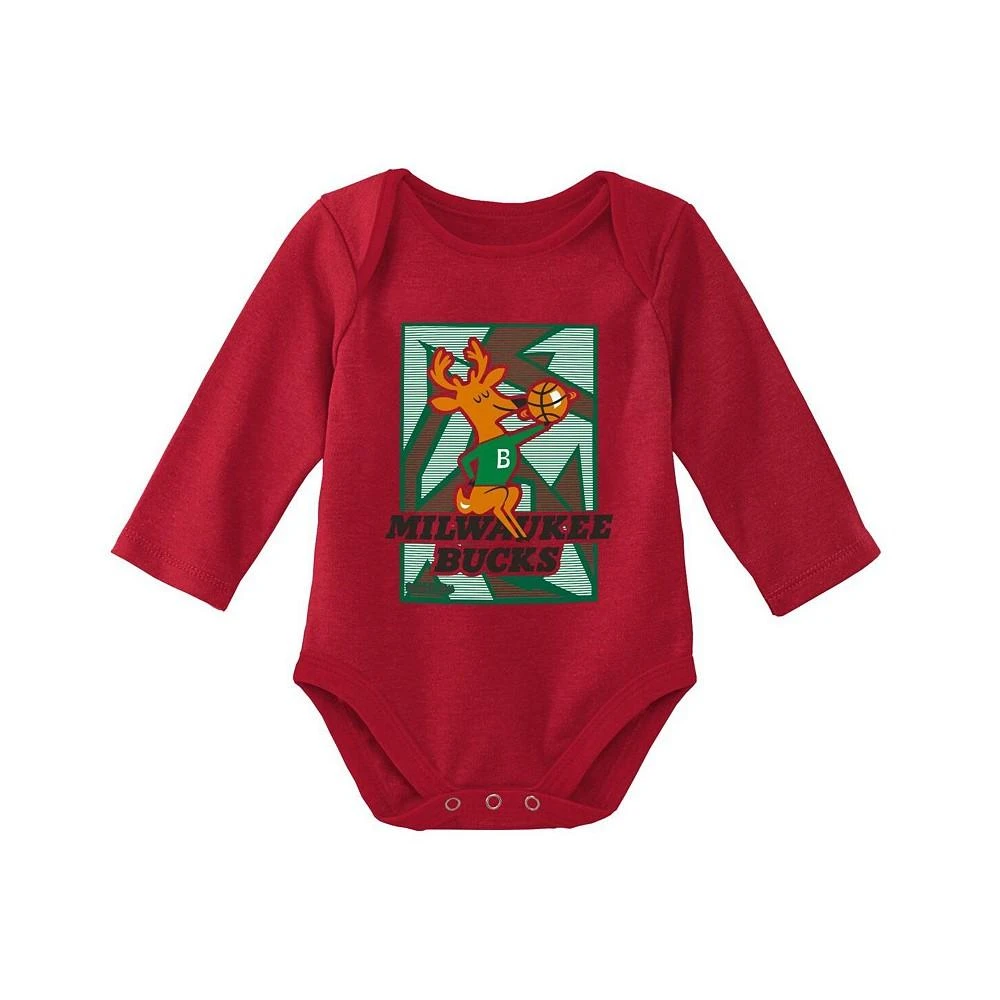 商品Mitchell & Ness|Infant Boys and Girls Hunter Green, Red Milwaukee Bucks Hardwood Classics Bodysuits and Cuffed Knit Hat Set,价格¥301,第2张图片详细描述