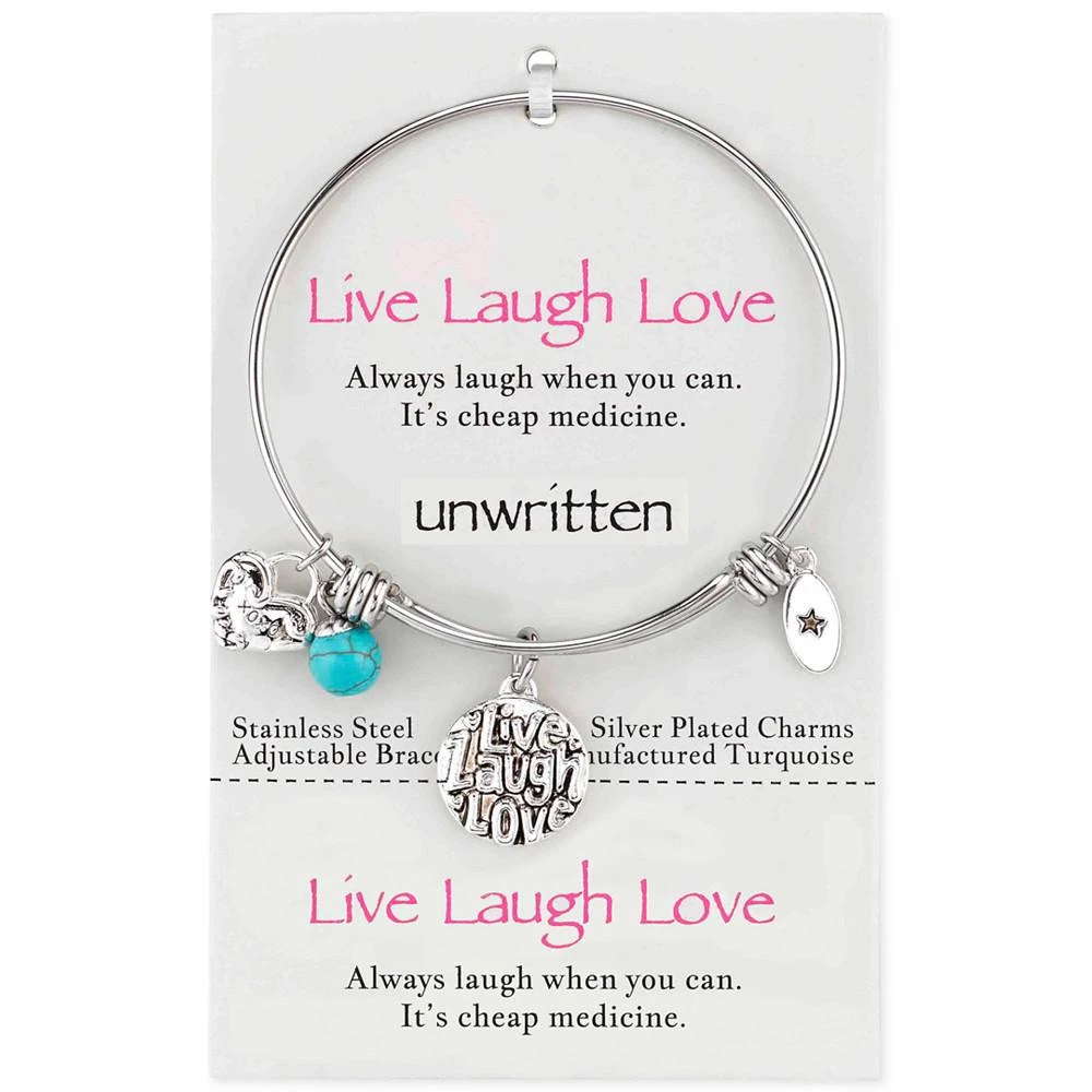 商品Unwritten|Live Laugh Love Charm and Manufactured Turquoise (8mm) Adjustable Bangle Bracelet in Stainless Steel,价格¥412,第2张图片详细描述