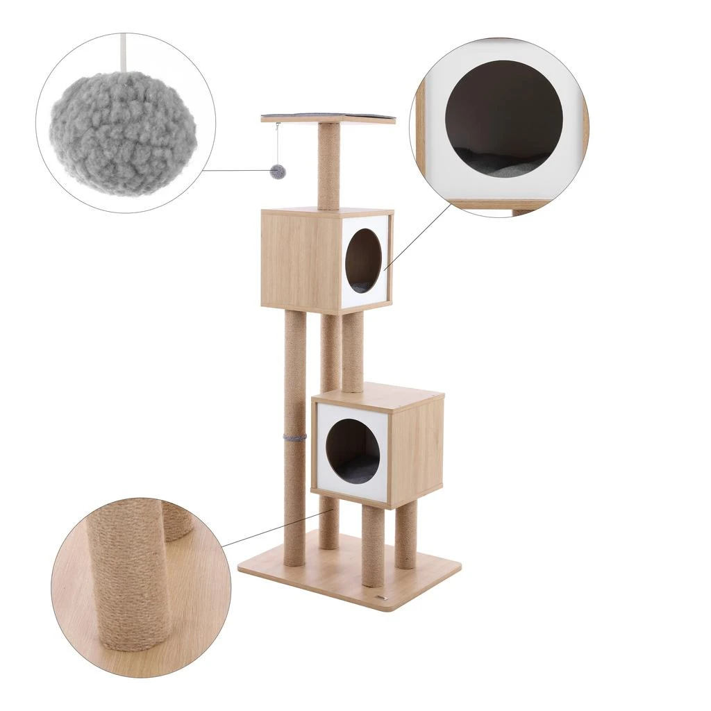 商品THE LICKER STORE|Sawyer 56" 3-Tier Minimalist Jute Cat Tree Condo with Scratching posts, and Fuzzy Toy, Brown/White,价格¥2593,第4张图片详细描述