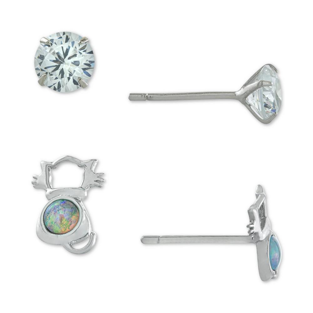 2-Pc. Set Cubic Zirconia & Simulated Opal Cat Stud Earrings in Sterling Silver, Created for Macy's商品第1张图片规格展示