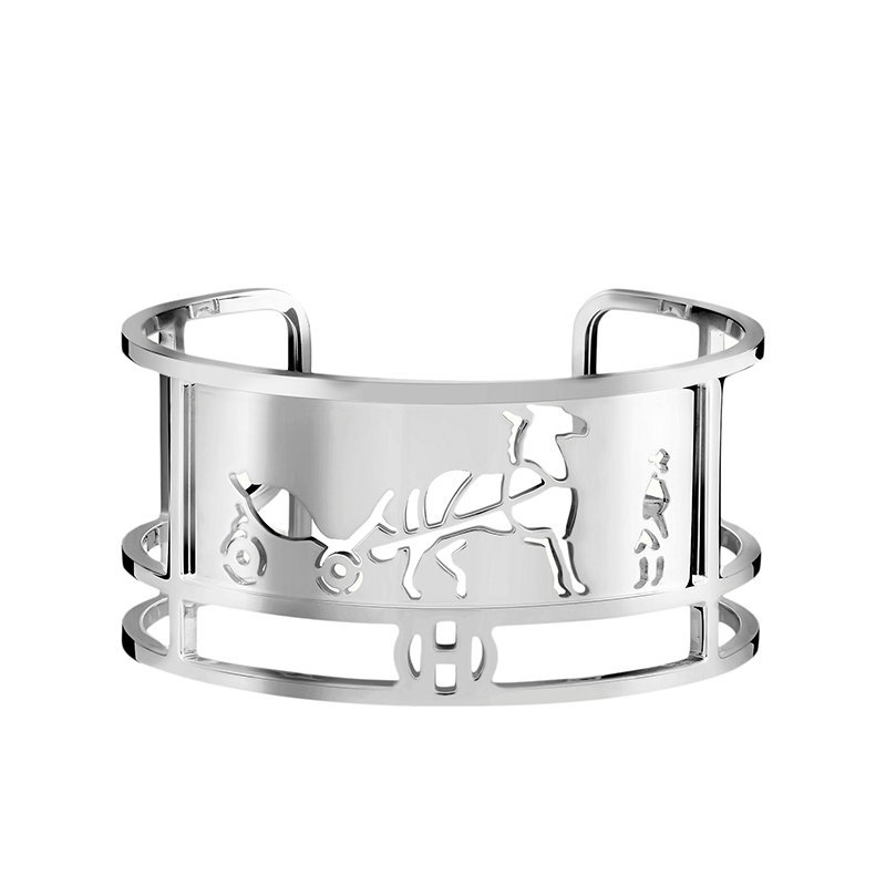 商品Hermes|【预售3-7天】HERMES/爱马仕 经典Calèche系列 小号925纯银镂空马车图案手镯H119461B,价格¥10112,第1张图片