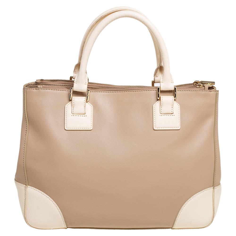 商品[二手商品] Tory Burch|Tory Burch Two Tone Beige Saffiano Lux Leather Robinson Double Zip Tote,价格¥1257,第6张图片详细描述