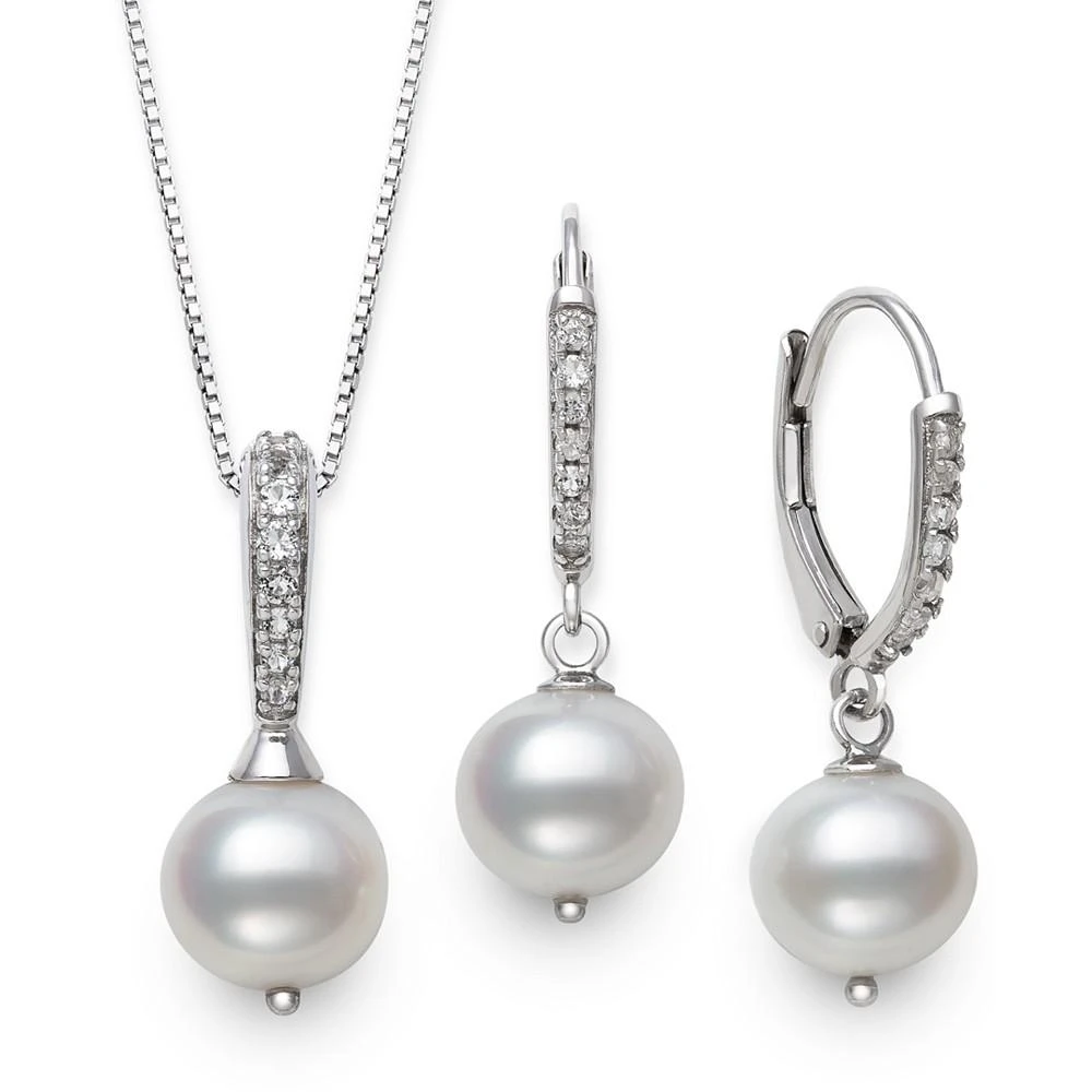 商品Belle de Mer|2-Pc. Set Cultured Freshwater Pearl (7-1/2mm) & Cubic Zirconia Pendant Necklace & Matching Drop Earrings in Sterling Silver,价格¥1674,第1张图片