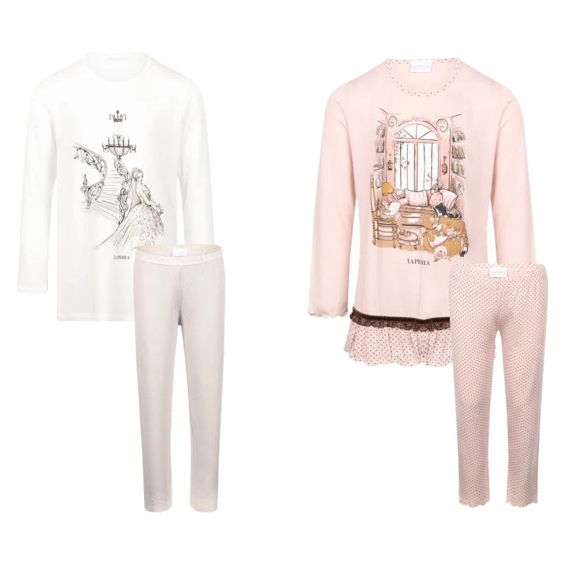 商品La Perla|Little girl reading at home and rhinestones lady print pajamas set in light pink and white,价格¥2974,第1张图片