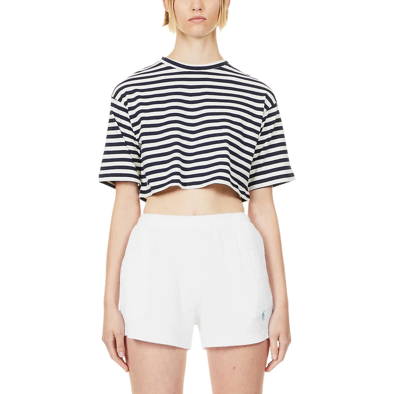 商品[国内直发] Miu Miu|SS23 条纹圆领套头短款短袖T恤 女款 黑色,价格¥3032,第4张图片详细描述