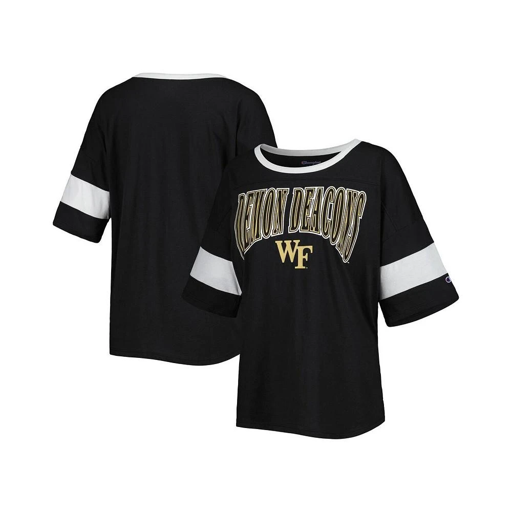 商品CHAMPION|Women's Black Wake Forest Demon Deacons Jumbo Arch Striped Half-Sleeve T-shirt,价格¥240,第1张图片