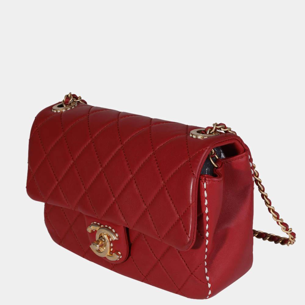 Chanel Red Quilted Lambskin Leather Small Stitched Single Flap Shoulder Bag商品第2张图片规格展示