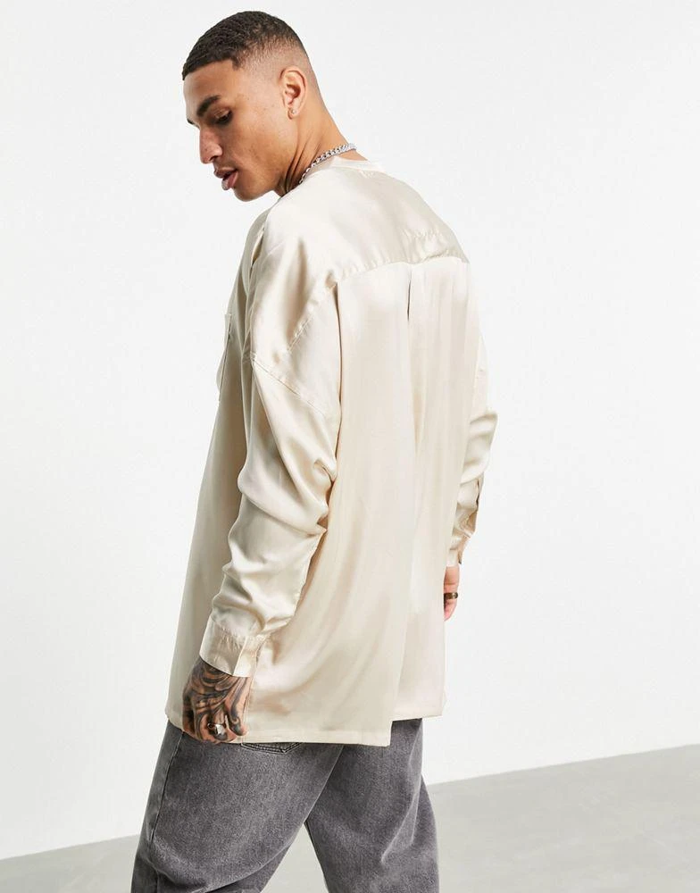 商品ASOS|ASOS DESIGN oversized overhead satin shirt with grandad collar in champagne,价格¥160,第2张图片详细描述