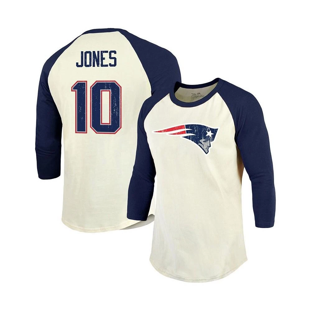 商品Majestic|Men's Threads Mac Jones Cream, Navy New England Patriots Player Name and Number Raglan 3/4-Sleeve T-shirt,价格¥374,第1张图片