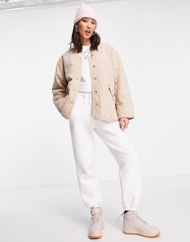 Topshop quilted ovoid shirt jacket in stone商品第1张图片规格展示