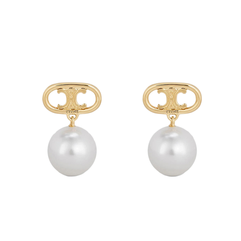 CELINE/赛琳   MAILLON TRIOMPHE系列 白色玻璃珍珠金色凯旋图案耳钉商品第1张图片规格展示