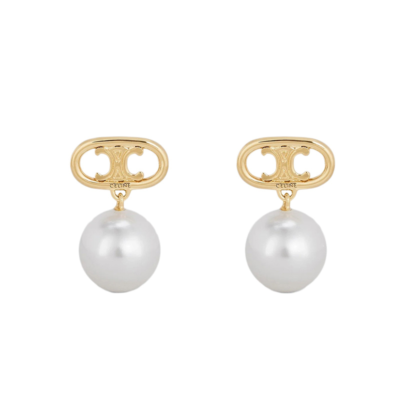 商品Celine|CELINE/赛琳   MAILLON TRIOMPHE系列 白色玻璃珍珠金色凯旋图案耳钉,价格¥3415,第1张图片