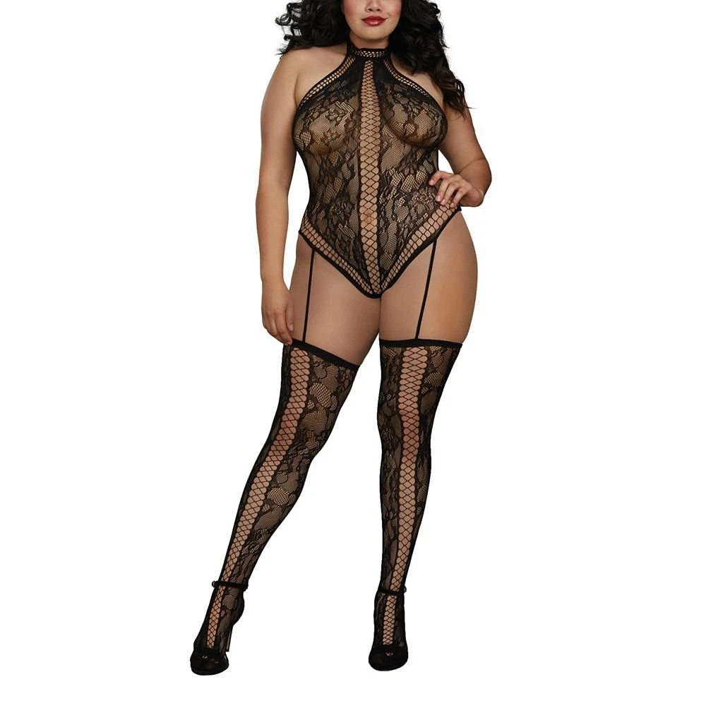 商品Dreamgirl|Women's Plus Size Lace Teddy Body Stocking Lingerie with Attached Garters and Stockings,价格¥114,第1张图片