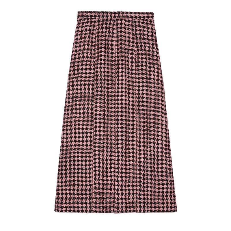 商品Gucci|【预售3-7天】GUCCI/古驰 21年秋冬 女士粉色和黑色千鸟格羊毛褶裥半身裙664422ZAHD71250,价格¥9769,第1张图片
