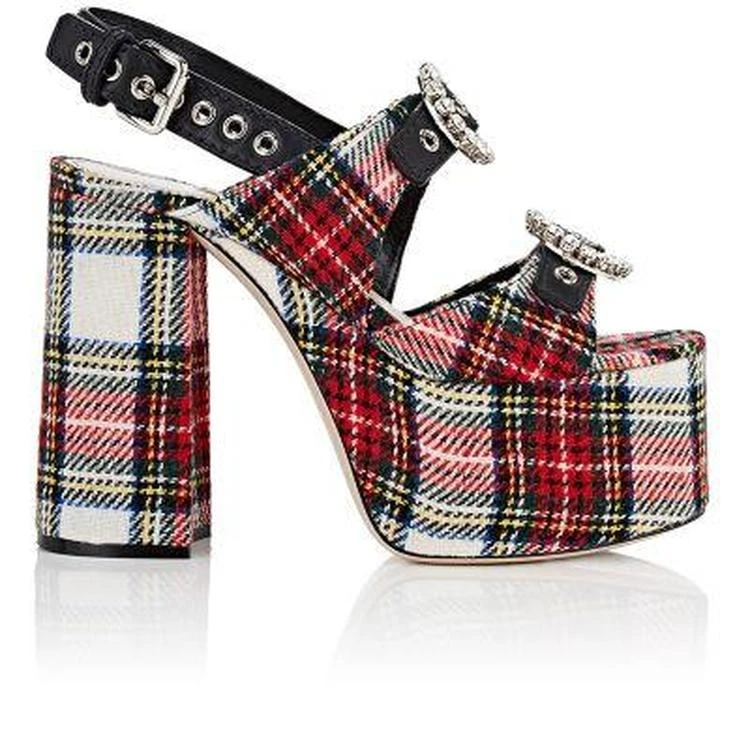 商品Miu Miu|Plaid Flannel & Leather Platform Sandals,价格¥3711,第1张图片