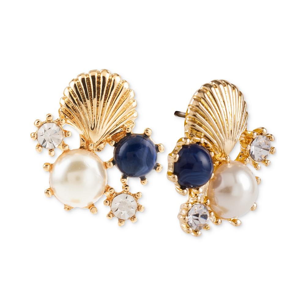 Gold-Tone Shell, Crystal, Stone & Imitation Pearl Cluster Stud Earrings, Created for Macy's商品第1张图片规格展示