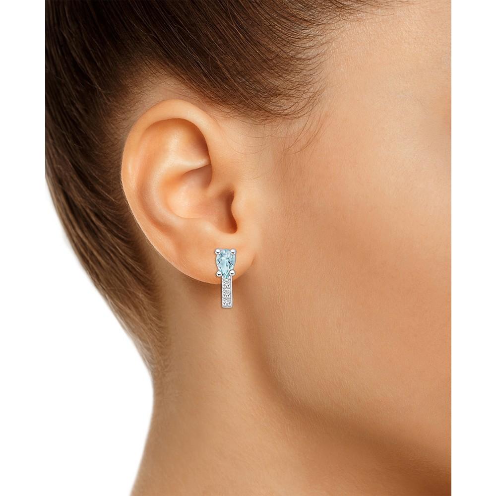 Aquamarine (3/4 ct. t.w.) and Diamond (1/8 ct. t.w.) Stud Earrings in 14K White Gold商品第2张图片规格展示