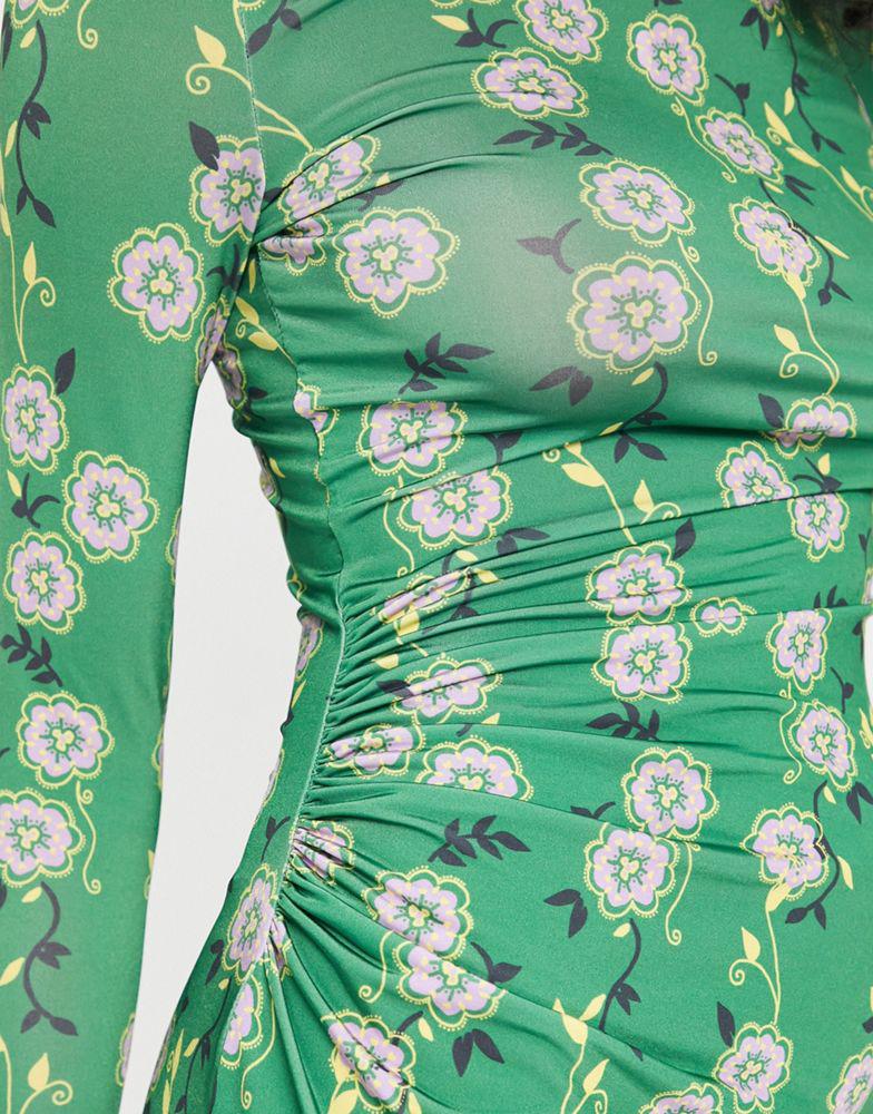 River Island pleat drape floral mini dress in green商品第3张图片规格展示