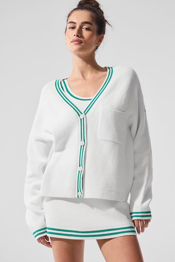 トップス alo Tennis Club Sweater Knit Cardigan XS Alo Tennis Club Sweater Knit Cardigan - White/Spruce Green