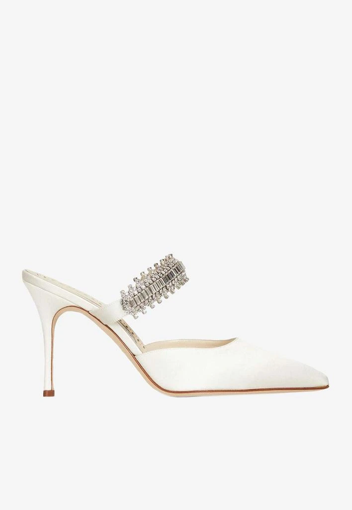 商品Manolo Blahnik|Lutara 90 Crystal-Embellished Satin Mules,价格¥5537,第1张图片