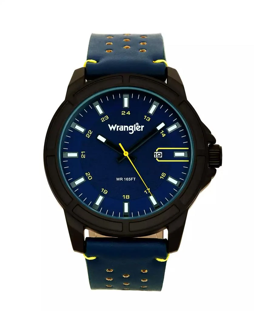 商品Wrangler|Men's, 48MM IP Black Case, Blue Dial, White Index Markers, Sand Satin Dial, Analog, Date Function, Yellow Second Hand, Blue Strap with Yellow Accent Stitch,价格¥463,第1张图片