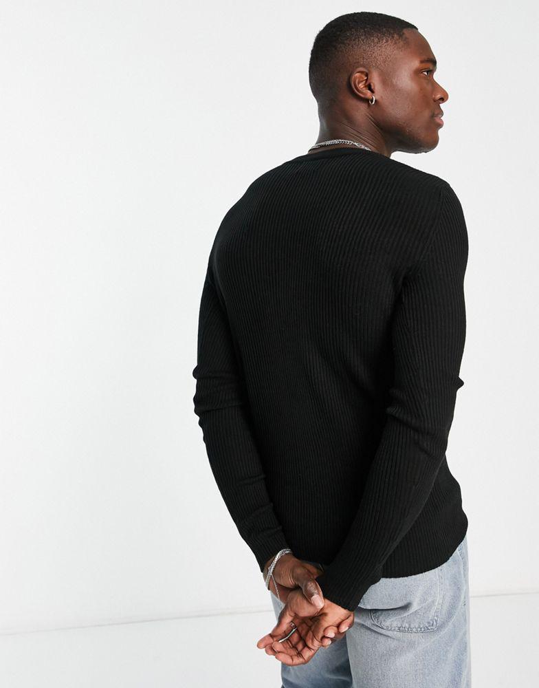 ASOS DESIGN knitted muscle fit rib crew neck jumper in black商品第2张图片规格展示