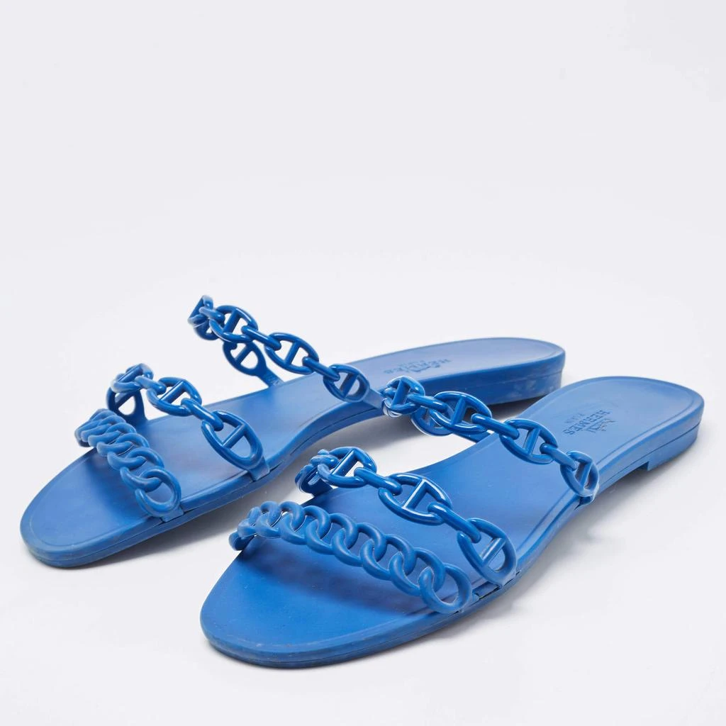 商品[二手商品] Hermes|Hermes Blue D'ancre Chaine Rivage Flat Slides Size 38,价格¥4243,第2张图片详细描述